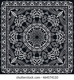 Abstract graphic lace mandala background, square geometric lace pattern with ornate frame, tribal ethnic ornament. Bandanna shawl fabric print, silk neck scarf or kerchief design, vector illustration.