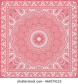 Abstract graphic lace mandala background, square geometric lace pattern with ornate frame, tribal ethnic ornament. Bandanna shawl fabric print, silk neck scarf or kerchief design, vector illustration.