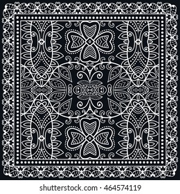 Abstract graphic lace mandala background, square geometric lace pattern with ornate frame, tribal ethnic ornament. Bandanna shawl fabric print, silk neck scarf or kerchief design, vector illustration.