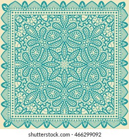 Abstract graphic lace mandala background, square geometric lace pattern with ornate frame, tribal ethnic ornament. Bandanna shawl fabric print, silk neck scarf or kerchief design, vector illustration.