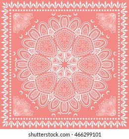Abstract graphic lace mandala background, square geometric lace pattern with ornate frame, tribal ethnic ornament. Bandanna shawl fabric print, silk neck scarf or kerchief design, vector illustration.