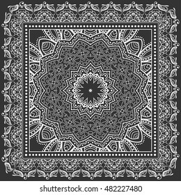 Abstract graphic lace mandala background, square geometric lace pattern with ornate frame, tribal ethnic ornament. Bandanna shawl fabric print, silk neck scarf or kerchief design, vector illustration.