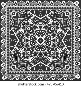 Abstract graphic lace mandala background, square geometric lace pattern with ornate frame, tribal ethnic ornament. Bandanna shawl fabric print, silk neck scarf or kerchief design, vector illustration.
