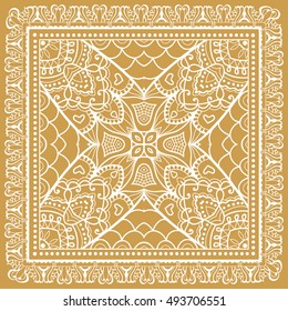 Abstract graphic lace mandala background, square geometric lace pattern with ornate frame, tribal ethnic ornament. Bandanna shawl fabric print, silk neck scarf or kerchief design, vector illustration.