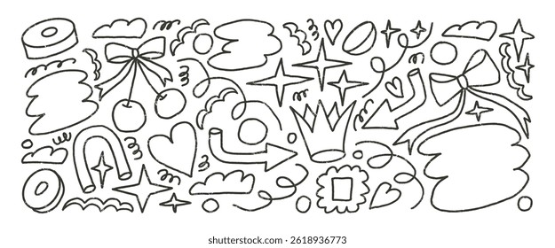 Abstract graphic line art shapes crayon drawn set. Naive outline freehand doodle figures on white background. Crown, cherry, clouds and geometric forms sketch elements. Vector illustration by pencil.