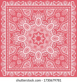 Abstract graphic line background, lace pattern. Geometric floral mandala with frame. Design for silk scarf, hijab, shawl. Doodle ornament for textile fabric, paper printing. Fashion illustration