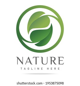 Abstract graphic logo green leaves in circle in white background.Design template nature icon,eco bio technology sign,organic symbol,natural cosmetics,vegan food,medical,health and care.Vector