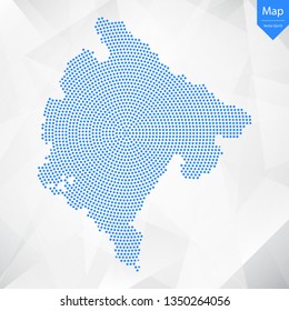 Abstract graphic Montenegro map from point blue on a white background. Vector illustration.