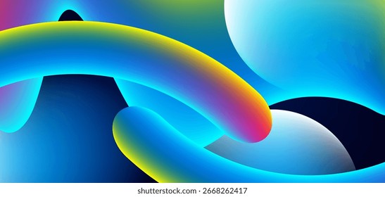 Abstract graphic with multiple circular curves and vibrant colors in rainbow blue tones. Not a real photo, but a digital design with gradients and reflections.