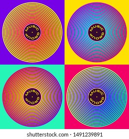 Abstract graphic musical cover or logo in retro style design. Colorful music poster with vinyl disc. Concentric circle element with halftone gradient. Contrast DJ records disk mockups. Vinyl record.