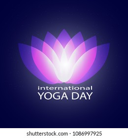 Abstract graphic neon purple yoga lotus petals on dark blue starry sky, space or universe. Shining Lotus Flower. International yoga day vector eps 10 illustration