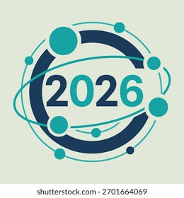 Gráfico abstrato com o número 2026 em azul-marinho e azul-escuro, rodeado por círculos e linhas em órbita em um fundo claro.