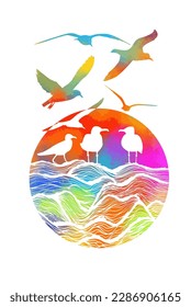 Abstract graphic object seagulls and colored sea. Vector illustration