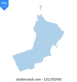Abstract graphic Oman map from point blue on a white background. Vector illustration.