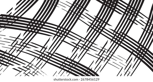 Abstract graphic pattern featuring a chaotic yet organized arrangement of thick and thin black lines on a white background.