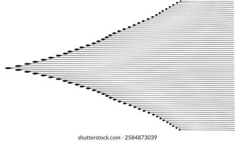 Abstract graphic pattern formed by parallel black lines converging at one point, small droplet shapes are evenly spaced, creating an illusion of movement or flow on white background