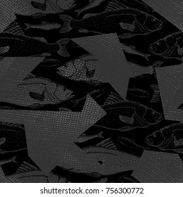 Abstract graphic pattern from geometric shapes and fish on a dark background