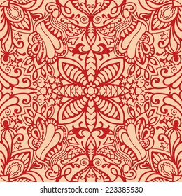 Abstract graphic pattern hand drawn floral and geometric ornament, seamless texture, vector illustration