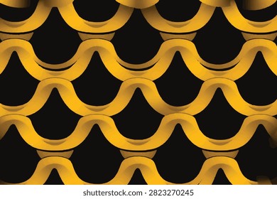 An abstract graphic pattern of interlocking, 3D golden waves creating a metallic mesh or chain-link structure against a solid black backdrop.