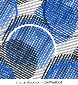 Abstract graphic pattern of striped and outlined circles. Repeated seamless vector design