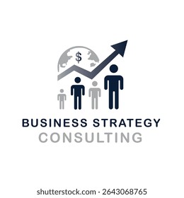 Abstract graphic with people figures, a globe, and an upward trend line, symbolizing business strategy and growth.