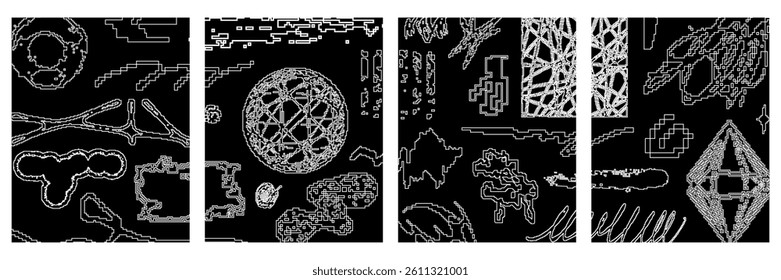 Abstract graphic pixel shape poster set. Pixelated and bitmap abstract geometric figures in vector. 