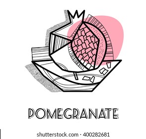 Abstract graphic pomegranate, poster and postcard print, vector vintage retro style 1950-s 60-s