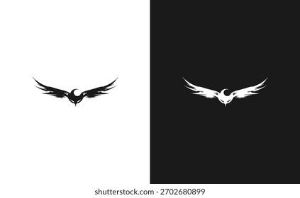 An abstract graphic presents a stylized bird logo rendered in stark black and white.