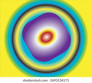 Gráfico Abstractas con forma de gota púrpura y núcleo rojo, rodeado de anillos concéntricos en negro, cian y amarillo sobre un fondo amarillo brillante. Atrevido y psicodélico.