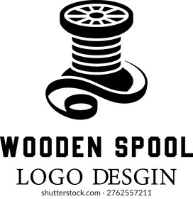 Abstract graphic representation of a sewing thread spool with text logo elements