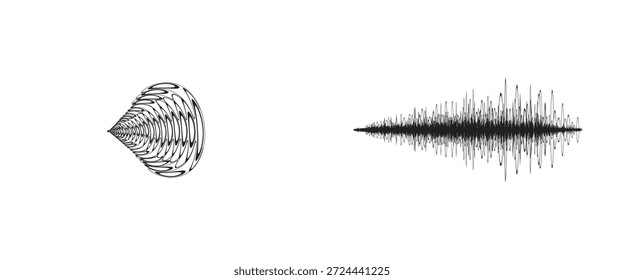 Representação gráfica abstrata de ondas sonoras e um padrão convergente focado em um fundo branco de alta qualidade