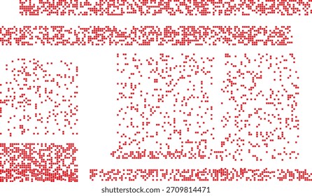 Abstractas recurso gráfico que presenta un patrón vacilante hecho de píxeles rojos, sobre un fondo transparente, ideal para superposiciones de diseño y texturas con un tema digital o retro tech.