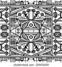 Abstract graphic seamless pattern, hand drawn geometric background, black and white vector illustration
