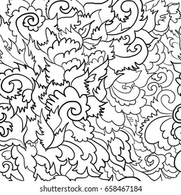 Abstract graphic seamless pattern with a picture of plant curls. Black and white drawing. Vector illustration. 
