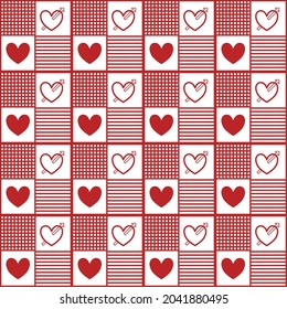 Abstract graphic seamless of red heart in box and arrow in heart with line in vertical horizontal.Vector beautiful plaid pattern design for decorating , fabric, wrapping, textile, wallpaper, apparel.