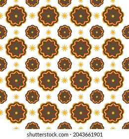 Abstract graphic seamless of star and flowers in red,gree,yellow are repeating on white background .Vector beautiful pattern design for decorating , fabric, wrapping, textile, wallpaper, apparel,tile.