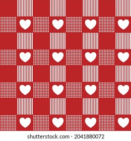 Gráfica abstracta sin fisuras de corazón blanco en caja roja con línea en vertical y horizontal    .Vector hermoso diseño de patrones de yeso para la decoración , tela, envoltura, textil, papel de pared, ropa.