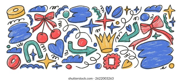 Abstrato gráfico formas crayon desenhado conjunto. Ingênuo multi cores doodle adesivos figuras no fundo branco. Coroa, cereja, coração e formas geométricas esboçar elementos. Ilustração vetorial feita a lápis.