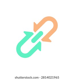 Abstract graphic showing two intertwined chain segments with opposing directional arrows signifying partnership and synergy for business collateral.
