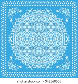 Abstract graphic square background with Mandala geometric pattern. Bandanna fabric print, silk neck scarf or kerchief design, vector ornate illustration.