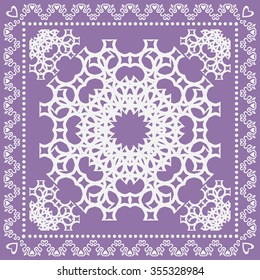 Abstract graphic square background with Mandala geometric pattern. Bandanna shawl fabric print, silk neck scarf or kerchief design, vector ornate illustration.