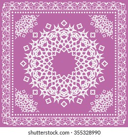 Abstract graphic square background with Mandala geometric pattern. Bandanna shawl fabric print, silk neck scarf or kerchief design, vector ornate illustration.