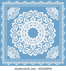 Abstract graphic square background with Mandala geometric pattern. Bandanna shawl fabric print, silk neck scarf or kerchief design, vector ornate illustration.