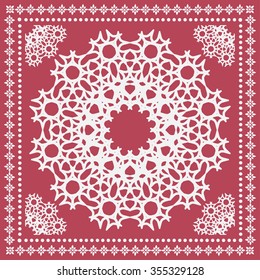 Abstract graphic square background with Mandala geometric pattern. Bandanna shawl fabric print, silk neck scarf or kerchief design, vector ornate illustration.