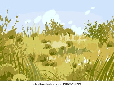 Abstract graphic steppe view drawn in the technique of rough brush. Vector landscape in calm colors