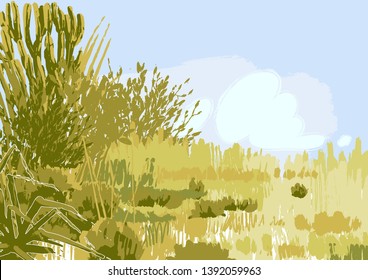 Abstract graphic steppe view drawn in the technique of rough brush. Vector landscape in calm colors