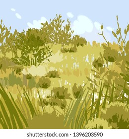 Abstract graphic steppe view drawn in the technique of rough brush. Vector landscape in calm colors