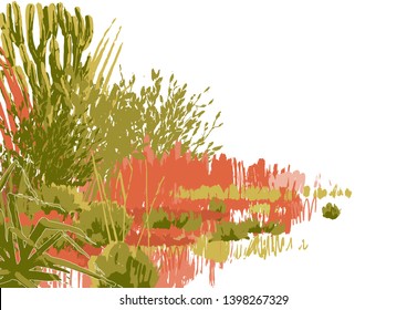 Abstract graphic steppe view drawn in the technique of rough brush. Vector landscape in calm colors