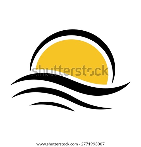 Abstract graphic of sun setting over rolling ocean waves. Represents peace, tranquility, or vacation.