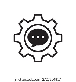 Símbolo gráfico abstrato que representa a tecnologia de comunicação e automação com um mecanismo de engrenagens integrado com um ícone de balão que simboliza o processamento do diálogo e a integração do sistema